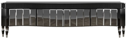 Casa Padrino Luxus Art Deco TV Schrank Schwarz / Silber 220 x 53 x H. 58 cm - Edler Fernsehschrank mit 4 verspiegelten T�ren - Art Deco Wohnzimmer M�bel