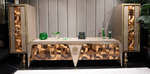 Casa Padrino Luxus TV Schrank Set Grau / Braun / Gold - Massivholz Wohnzimmer Sideboard mit 2 Reaglschr�nken - Wohnzimmer M�bel - Luxus M�bel