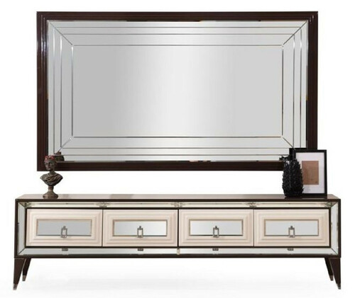 Casa Padrino Luxus TV Schrank Set Dunkelbraun / Creme / Silber - Verspiegeltes Wohnzimmer Sideboard mit TV R�ckwand - Wohnzimmer M�bel - Luxus M�bel - Luxus Einrichtung