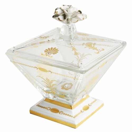 Casa Padrino Luxus Barock Deko Kristallglas & Porzellan Aufbewahrungsschale mit Deckel Wei� / Gold - Made in Italy