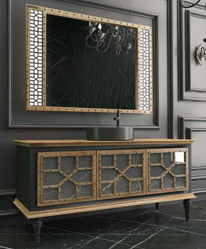 Casa Padrino Luxus Badezimmer Set Naturfarben / Schwarz - 1 Waschtisch mit 3 T�ren und 1 Waschbecken und 1 Wandspiegel - Luxus Qualit�t