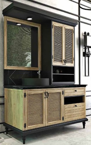 Casa Padrino Luxus Landhausstil Badezimmer Set Naturfarben / Schwarz - Beleuchteter Waschtisch mit 4 T�ren und 2 Schubladen und 1 Waschbecken und 1 Wandspiegel - Landhausstil Badezimmerm�bel