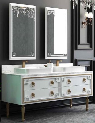 Casa Padrino Luxus Badezimmer Set Weiss Gold 1 Waschtisch Mit 4 Schubladen Und 2 Waschbecken Und 2 Wandspiegel Luxus Badezimmermobel Hotel Mobel Dekoration Direkt Bestellen