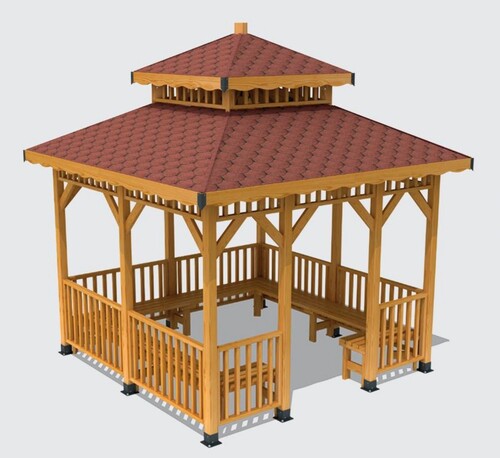 Casa Padrino Pavillon mit Sitzb�nken Naturfarben / Braun 400 x 400 x H. 400 cm - Garten & Park M�bel