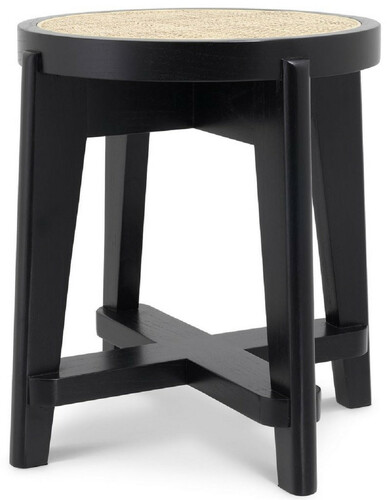 Casa Padrino Luxus Hocker Schwarz / Naturfarben  44,5 x H. 47 cm - Runder Massivholz Sitzhocker mit Rattangeflecht - Wohnzimmer M�bel