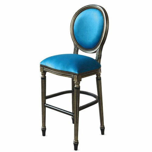 Casa Padrino Luxus Barock Barstuhl Blau / Schwarz / Gold H. 127 cm - Barock Bar M�bel