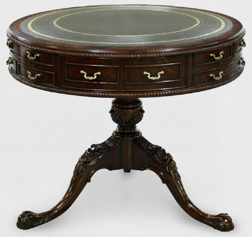 Casa Padrino Luxus Barock Beistelltisch Braun / Gr�n / Gold  91 x H. 76 cm - Runder Mahagoni Tisch mit 14 Schubladen und Echtleder - Barock Mahagoni M�bel