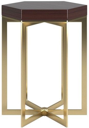Casa Padrino Designer Beistelltisch Dunkelbraun Hochglanz / Gold 50 x 50 x H. 65 cm - Edler 6-eckiger Tisch mit Massivholz Tischplatte und Edelstahl Gestell - Luxus Qualit�t