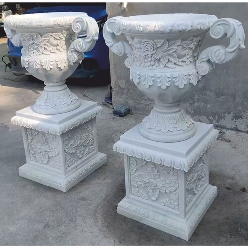 Casa Padrino Luxus Barock Marmor Blumentopf Set auf S�ulen Wei� H. 105 cm