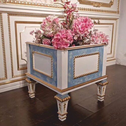 Casa Padrino Luxus Barock Blumentopf Hellblau / Wei� / Gold H. 54 cm - Made in Italy