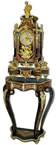 Casa Padrino Luxus Barock Boulle Konsole mit Tischuhr Schwarz / Rot / Gold 80 x 35 x H. 208 cm - Handgefertigter Massivholz Konsolentisch mit Uhr - Barock M�bel - Edel & Prunkvoll