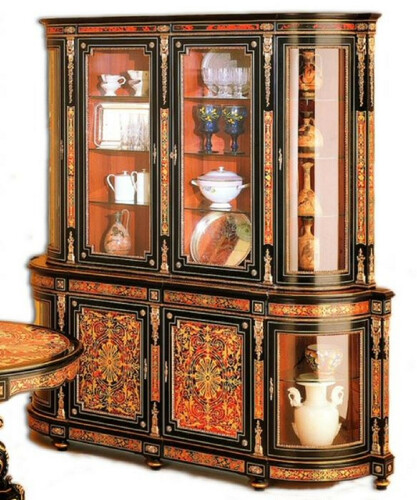 Casa Padrino Luxus Barock Boulle Esszimmerschrank Schwarz / Rot / Gold 228 x 49 x H. 237 cm - Handgefertigter Massivholz Schrank - Barock Esszimmer K�chen M�bel - Edel & Prunkvoll