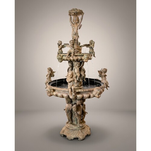 Casa Padrino Luxus Barock Bronze Springbrunnen Engel Beige  145 x H. 250 cm - Prunkvoller Gartenbrunnen - Garten Deko Brunnen
