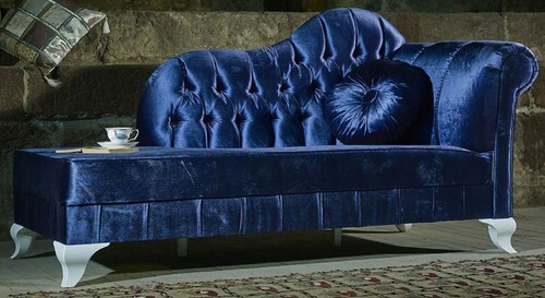 Casa Padrino Luxus Barock Chaiselongue Blau / Wei� - Handgefertigte Massivholz Recamiere mit edlem Samtstoff und dekorativem Kissen - Barock M�bel - Edel & Prunkvoll