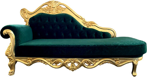 Casa Padrino Luxus Barock Chaiselongue Gr�n / Gold - Handgefertigte Massivholz Recamiere mit edlem Samtstoff und elegantem Muster - Barock M�bel - Edel & Prunkvoll