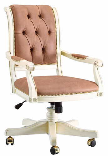Casa Padrino Luxus Barock Chesterfield Schreibtischstuhl Hellbraun / Wei� / Gold - H�henverstellbarer Barockstil B�rostuhl - Barock B�ro M�bel - Luxus Qualit�t - Made in Italy