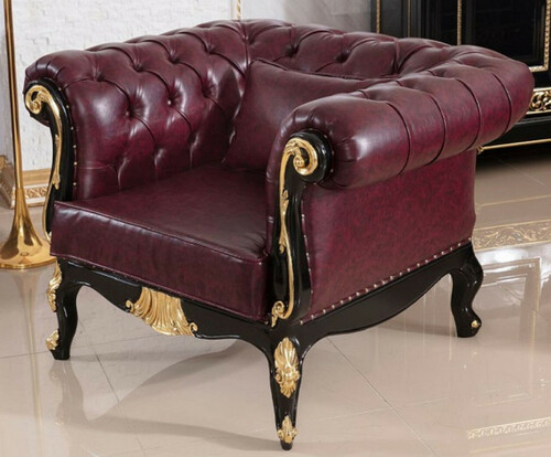 Casa Padrino Luxus Barock Chesterfield Leder Sessel Bordeauxrot / Schwarz / Gold - Prunkvoller Echtleder Wohnzimmer Sessel - Luxus Wohnzimmer M�bel im Barockstil - Barock Leder M�bel