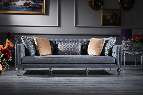 Casa Padrino Luxus Barock Chesterfield Sofa Blau / Silber 250 x 92 x H. 85 cm - Wohnzimmerm�bel im Barockstil