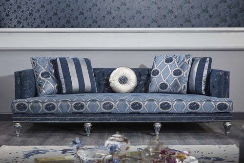 Casa Padrino Luxus Barock Chesterfield Sofa Dunkelblau / Hellblau / Silber 250 x 92 x H. 85 cm - Barock Wohnzimmerm�bel