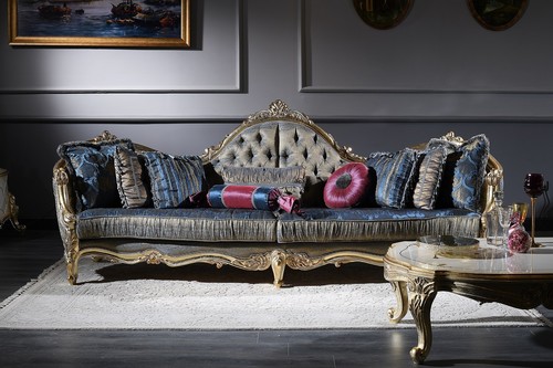 Casa Padrino Luxus Barock Chesterfield Sofa Dunkelblau / Antik Gold 300 x 90 x H. 119 cm - Prunkvolles Barock Wohnzimmer Sofa - Barockm�bel