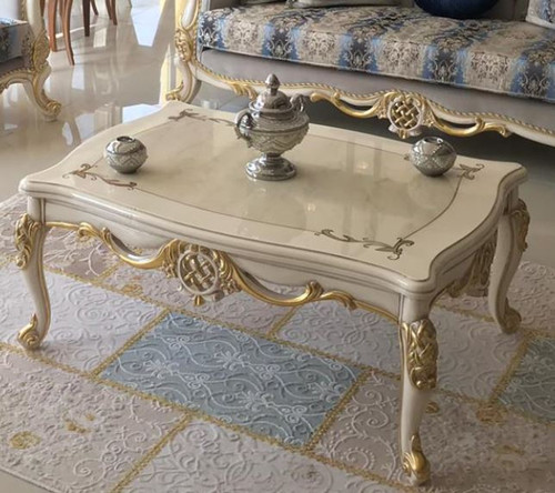 Casa Padrino Luxus Barock Couchtisch Wei� / Gold 118 x 87 x H. 50 cm - Massivholz Wohnzimmertisch - M�bel im Barockstil