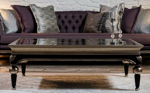 Casa Padrino Luxus Barock Couchtisch Silber / Schwarz - Handgefertigter Massivholz Wohnzimmertisch mit Glasplatte - Barock Wohnzimmer M�bel