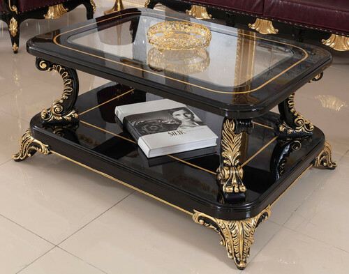 Casa Padrino Luxus Barock Couchtisch mit Glasplatte Schwarz / Gold - Prunkvoller Massivholz Wohnzimmertisch im Barockstil - Barock Wohnzimmer M�bel - Edel & Prunkvoll