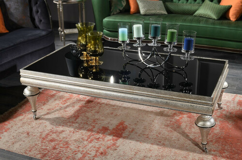 Casa Padrino Luxus Barock Couchtisch Schwarz / Silber - Prunkvoller Massivholz Wohnzimmertisch mit Glasplatte - Barock Wohnzimmer M�bel