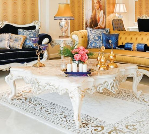 Casa Padrino Luxus Barock Couchtisch Beige / Wei� / Gold 145 x 145 x H. 45 cm - Prunkvoller Massivholz Wohnzimmertisch mit edlen Verzierungen - Barock Wohnzimmer M�bel