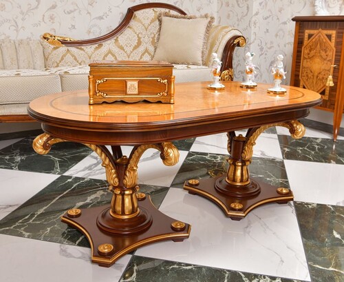 Casa Padrino Luxus Barock Couchtisch Naturfarben / Braun / Gold 125 cm - Barock M�bel - Made in Italy