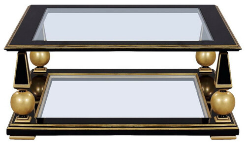 Casa Padrino Luxus Art Deco Couchtisch Schwarz / Gold 113 x 113 x H. 47 cm - Prunkvoller Massivholz Wohnzimmertisch mit Glasplatten - Art Deco Wohnzimmer M�bel