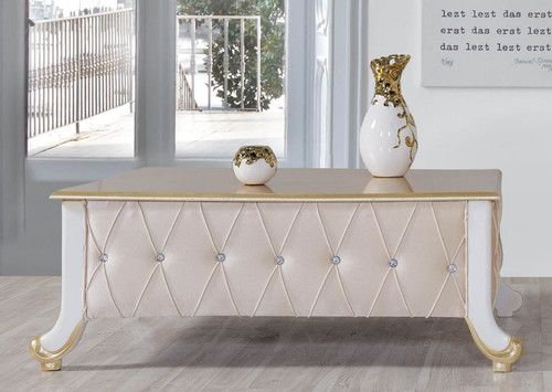 Casa Padrino Barock Couchtisch Beige / Wei� / Gold 100 x 64 x H. 43 cm - Edler Barockstil Wohnzimmertisch mit Glitzersteinen - Barock M�bel