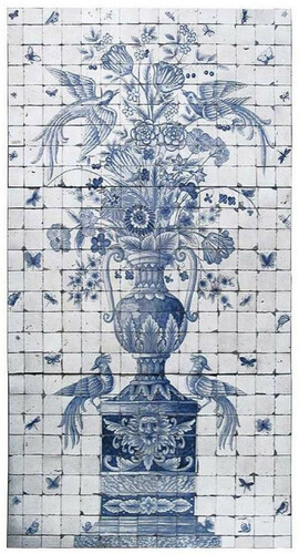Casa Padrino Luxus Barock Deko Wandgem�lde Vase mit Blumen und V�gel Wei� / Grau / Blau 155 x H. 280 cm - Handgefertigte & Handbemalte Naturstein Mosaik Fliesen - Barock Wanddeko