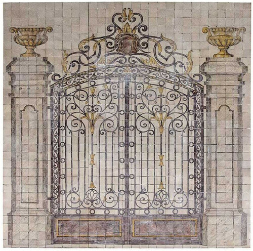 Casa Padrino Luxus Barock Deko Wandgem�lde Das Prunkvolle Tor Beige / Mehrfarbig 290 x H. 310 cm - Handgefertigte & Handbemalte Naturstein Mosaik Fliesen - Barock Wanddeko
