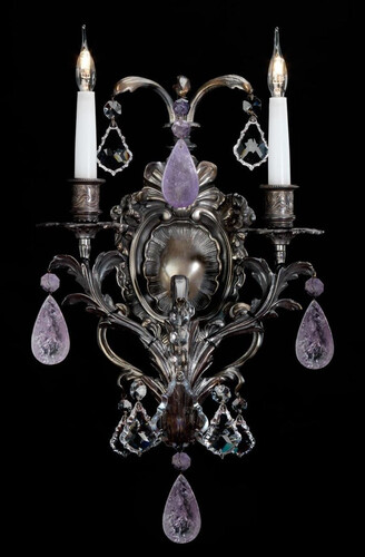 Casa Padrino Luxus Barock Kristall Doppel Wandleuchte Antik Bronze / Violett 30 x 22 x H. 52 cm - Prunkvolle Barockstil Wandlampe mit hochwertigem Amethyst Stein und Kristallglas - Made in Italy