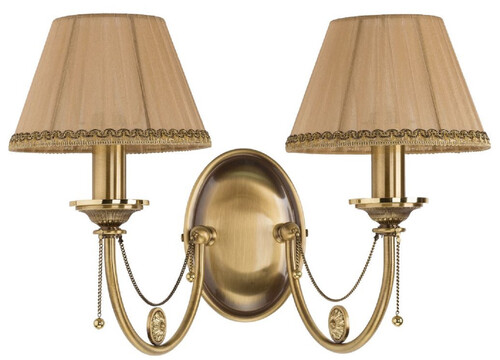 Casa Padrino Luxus Barock Doppel Wandleuchte Messing mit Patina / Beige / Gold 42 x 29 x H. 30 cm - Barockstil Messing Wandlampe mit Lampenschirmen - Barock Leuchten - Edel & Prunkvoll