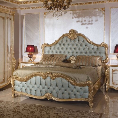 Casa Padrino Luxus Barock Doppelbett Hellblau / Gold 180 x 200 cm - Prunkvolles Barockstil Bett - Barock Schlafzimmer & Hotel M�bel