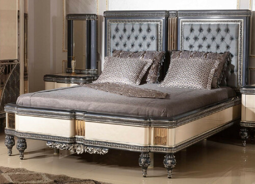 Casa Padrino Luxus Barock Doppelbett Hellblau / Beige / Schwarz / Gold - Prunkvolles Massivholz Bett - Luxus Schlafzimmer M�bel im Barockstil - Barock Schlafzimmer M�bel