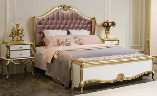 Casa Padrino Luxus Barock Schlafzimmer Set Lila / Rosa / Wei� / Gold - 1 Doppelbett mit Kopfteil & 2 Nachttische - Barock Schlafzimmer M�bel - Edel & Prunkvoll
