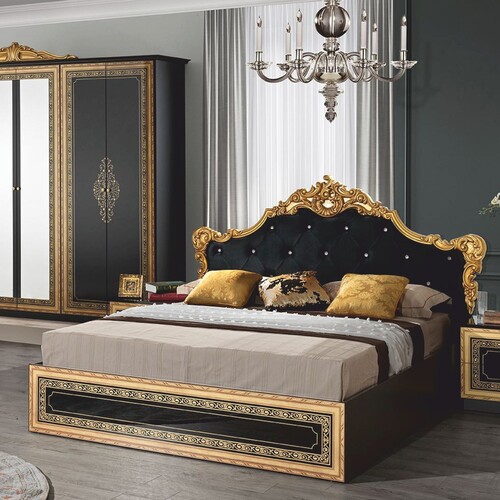 Casa Padrino Luxus Barock Doppelbett mit Glitzersteinen Schwarz / Gold - Barockstil Schlafzimmer M�bel