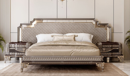 Casa Padrino Luxus Barock Doppelbett und 2 Nachtkommoden Grau / Dunkelbraun / Gold