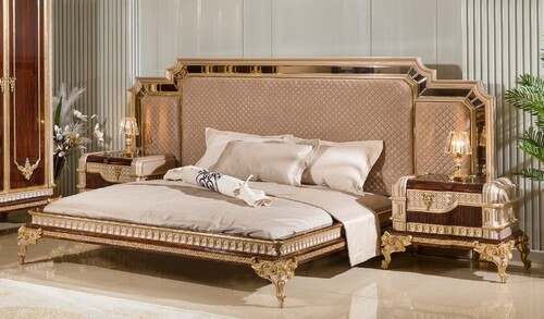 Casa Padrino Luxus Barock Doppelbett mit 2 Nachtkommoden Grau / Dunkelbraun / Gold - Barock M�bel