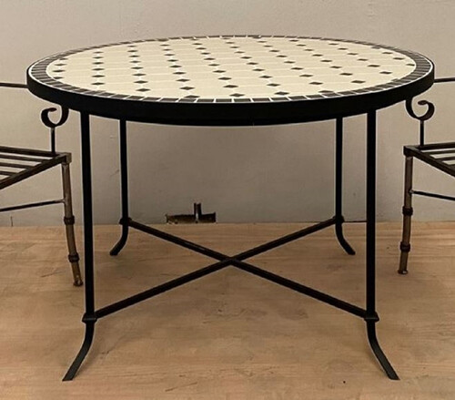 Casa Padrino Luxus Jugendstil Esstisch Creme / Schwarz  120 x H. 75 cm - Runder handgefertigter Schmiedeeisen Gartentisch mit Keramik Mosaik Fliesen Tischplatte - Garten & Esszimmer M�bel