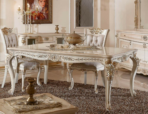 Casa Padrino Luxus Barock Esstisch Wei� / Beige / Gold - Rechteckiger Barockstil K�chentisch - Luxus Esszimmer M�bel im Barockstil - Barock Esszimmer M�bel - Barock Einrichtung