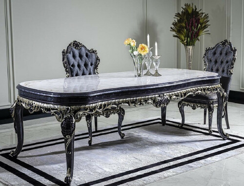 Casa Padrino Luxus Barock Esstisch Wei� / Blau / Gold - Handgefertigter Massivholz Esszimmertisch - Barock Esszimmer M�bel - Edel & Prunkvoll