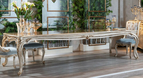 Casa Padrino Luxus Barock Esstisch Silber / Gold - Prunkvoller Massivholz Esszimmertisch im Barockstil - Barock Esszimmer M�bel