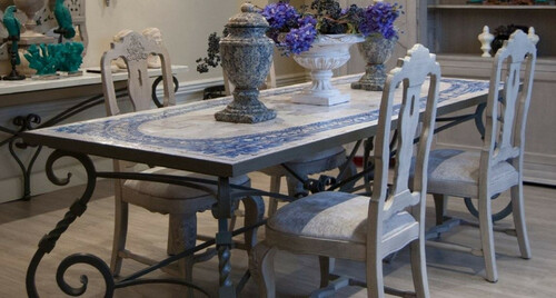 Casa Padrino Luxus Barock Esstisch - Handgefertigter Schmiedeeisen K�chentisch mit Naturstein Mosaik Fliesen Tischplatte - Garten Tisch - Terrassen Tisch - Esszimmer Garten Terrassen M�bel