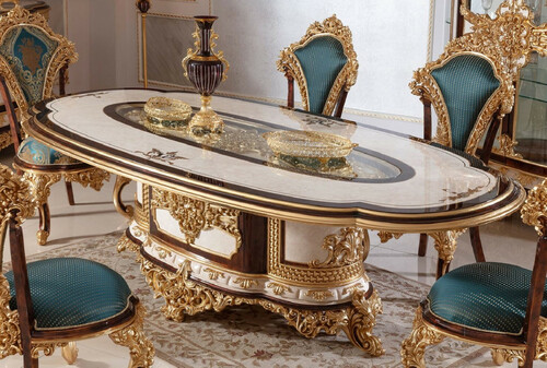Casa Padrino Luxus Barock Esstisch Wei� / Braun / Gold - Prunkvoller Massivholz Esszimmertisch im Barockstil - Barock Esszimmer M�bel - Edel & Prunkvoll