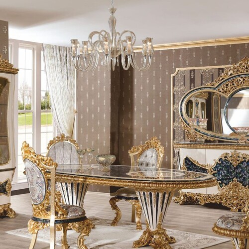 Casa Padrino Luxus Barock Esstisch Wei� / Blau / Gold 280 cm - Ovaler Esszimmertisch mit Glasplatten - Barock Esszimmer M�bel