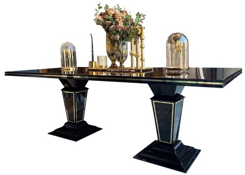 Casa Padrino Luxus Art Deco Esstisch Dunkelbraun / Schwarz / Gold 220 x 110 x H. 76 cm - Edler Esszimmertisch mit Glasplatte - Art Deco Esszimmer M�bel
